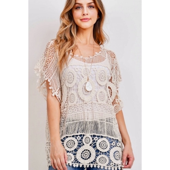 Cream Crochet Geometric Pattern Sheer Layering Tunic Top - Picture 7 of 9
